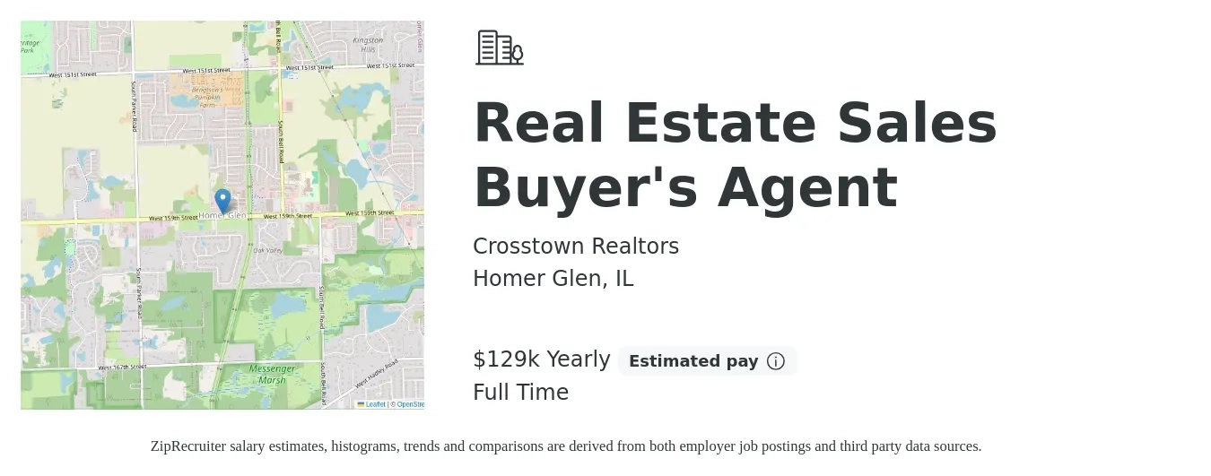 Crosstown Realtors job posting for a Real Estate Sales Buyer'S Agent in Homer Glen, IL with a salary of $129,000 Yearly with a map of Homer Glen location.