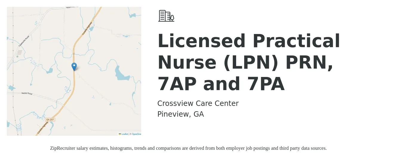 Crossview Care Center job posting for a Licensed Practical Nurse (LPN) PRN, 7AP and 7PA in Pineview, GA with a salary of $21 to $29 Hourly with a map of Pineview location.