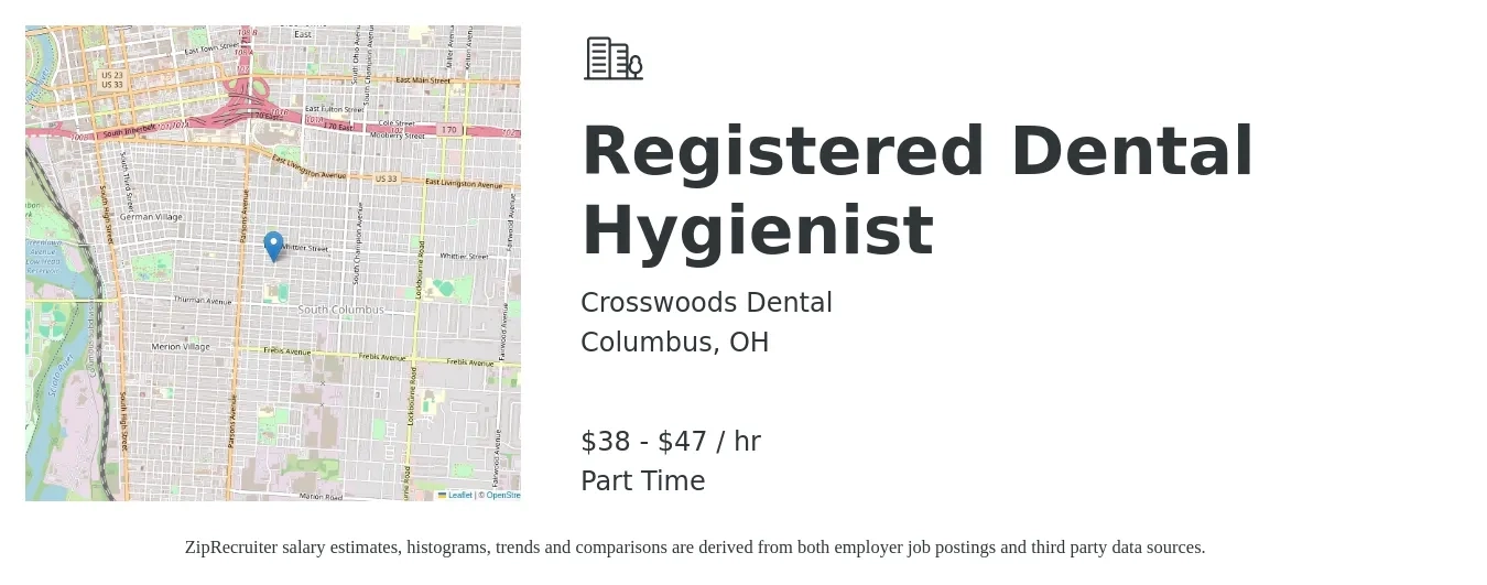 Crosswoods Dental job posting for a Registered Dental Hygienist in Columbus, OH with a salary of $40 to $49 Hourly with a map of Columbus location.