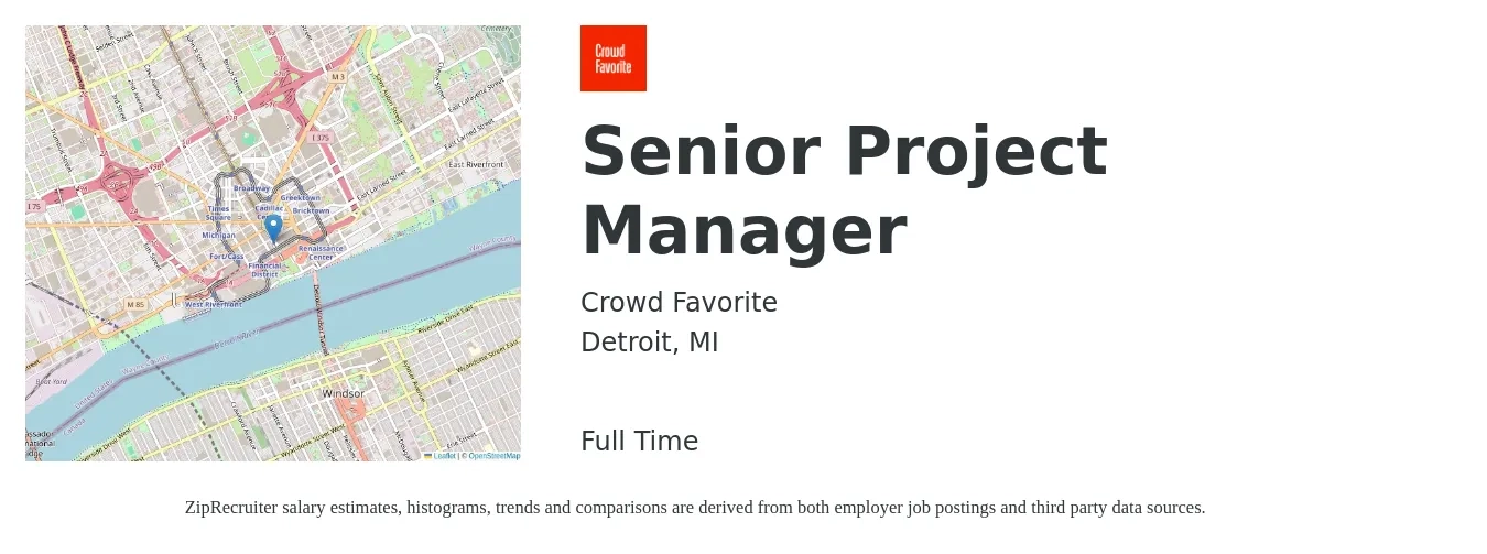 Crowd Favorite job posting for a Senior Project Manager in Detroit, MI with a salary of $102,500 to $144,500 Yearly with a map of Detroit location.