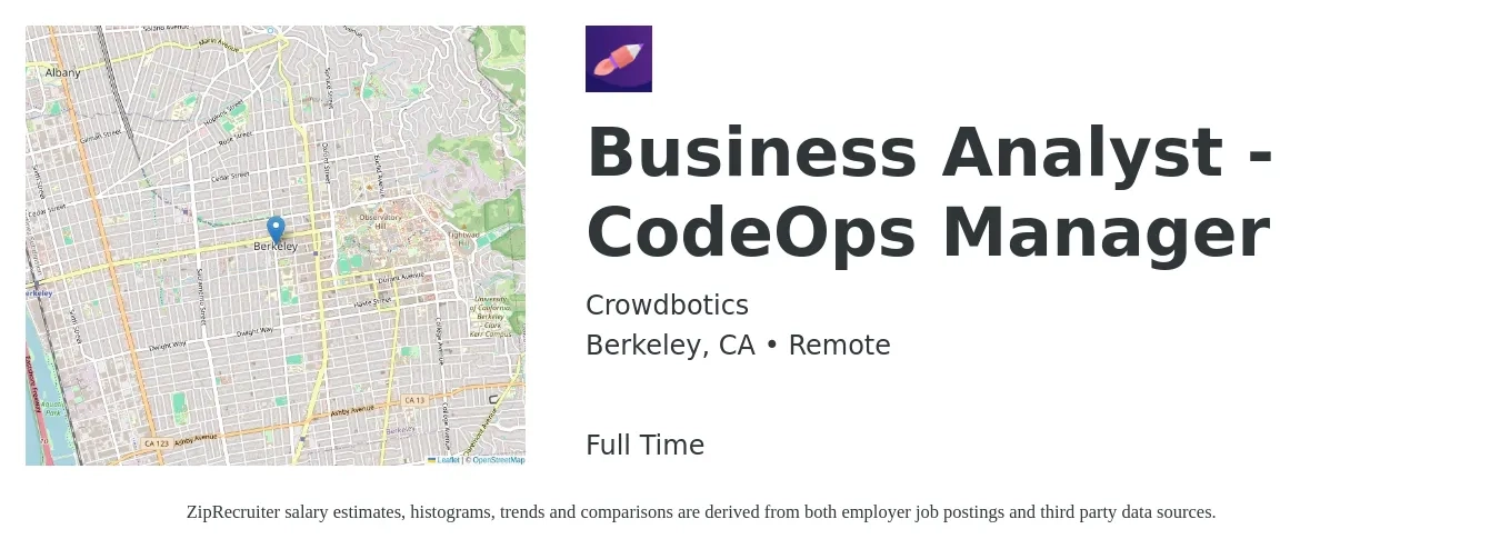Crowdbotics job posting for a Business Analyst - CodeOps Manager in Berkeley, CA with a salary of $101,000 to $161,600 Yearly with a map of Berkeley location.