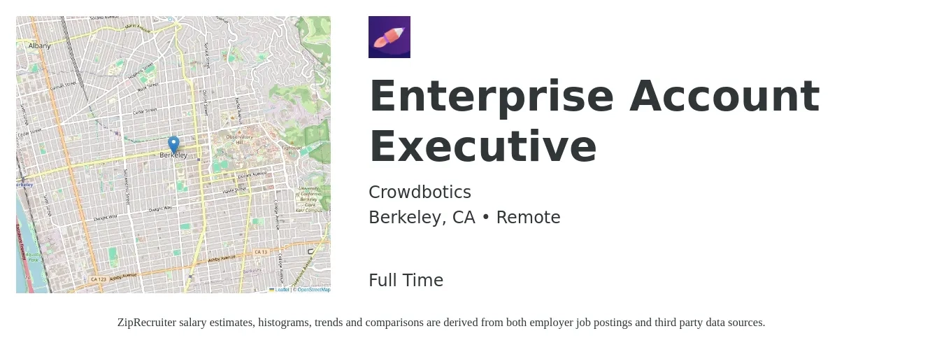 Crowdbotics job posting for a Enterprise Account Executive in Berkeley, CA with a salary of $98,000 to $165,300 Yearly with a map of Berkeley location.