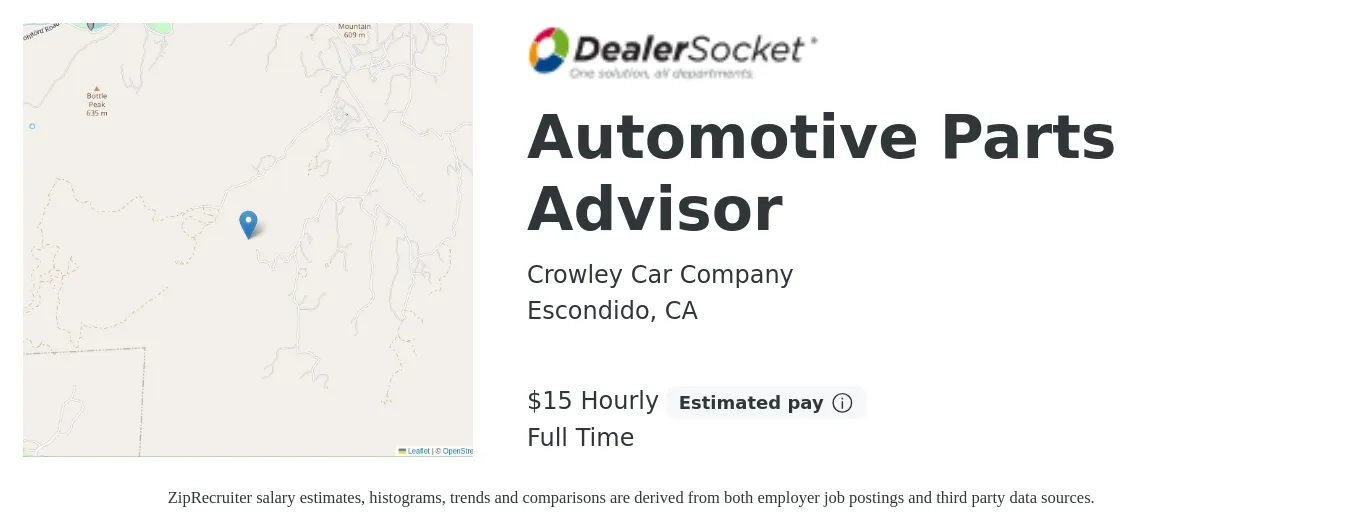 Crowley Car Company job posting for a Automotive Parts Advisor in Escondido, CA with a salary of $16 Hourly with a map of Escondido location.