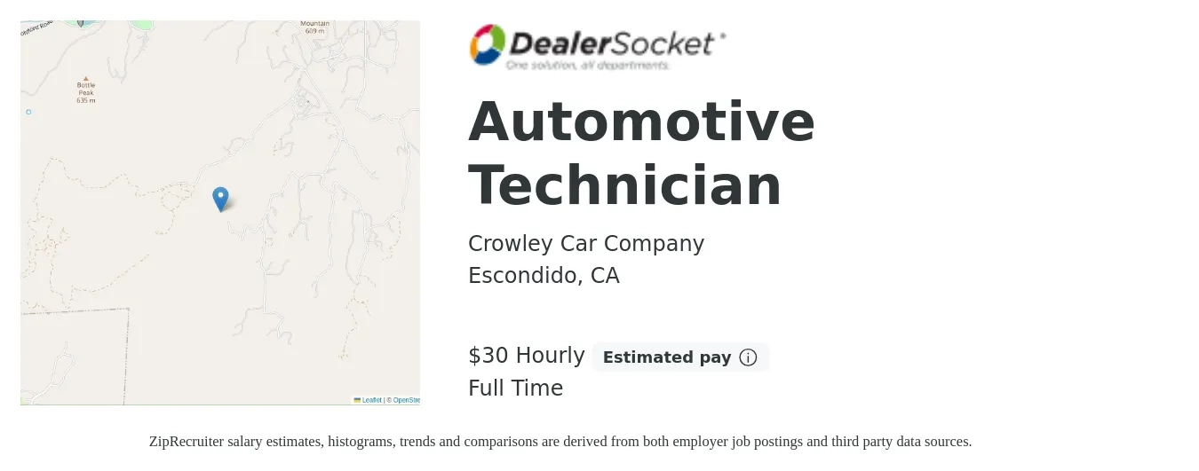 Crowley Car Company job posting for a Automotive Technician in Escondido, CA with a salary of $32 Hourly with a map of Escondido location.