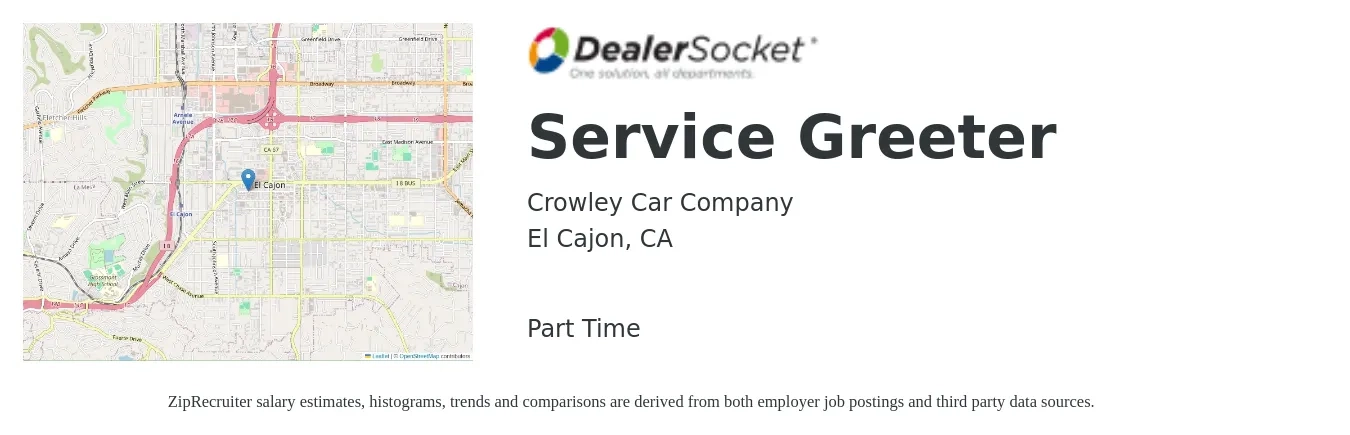 Crowley Car Company job posting for a Service Greeter in El Cajon, CA with a salary of $14 to $18 Hourly with a map of El Cajon location.