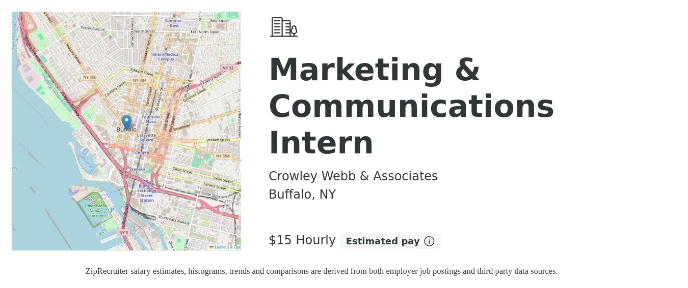 Crowley Webb & Associates job posting for a Marketing & Communications Intern in Buffalo, NY with a salary of $16 Hourly with a map of Buffalo location.