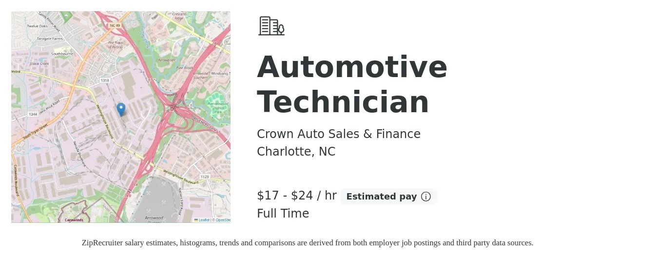 Crown Auto Sales & Finance job posting for a Automotive Technician in Charlotte, NC with a salary of $18 to $25 Hourly with a map of Charlotte location.