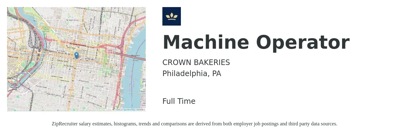 CROWN BAKERIES job posting for a Machine Operator in Philadelphia, PA with a salary of $17 to $20 Hourly with a map of Philadelphia location.