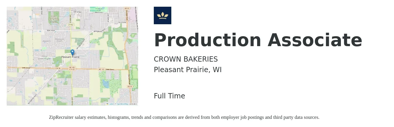 CROWN BAKERIES job posting for a Production Associate in Pleasant Prairie, WI with a salary of $14 to $18 Hourly with a map of Pleasant Prairie location.