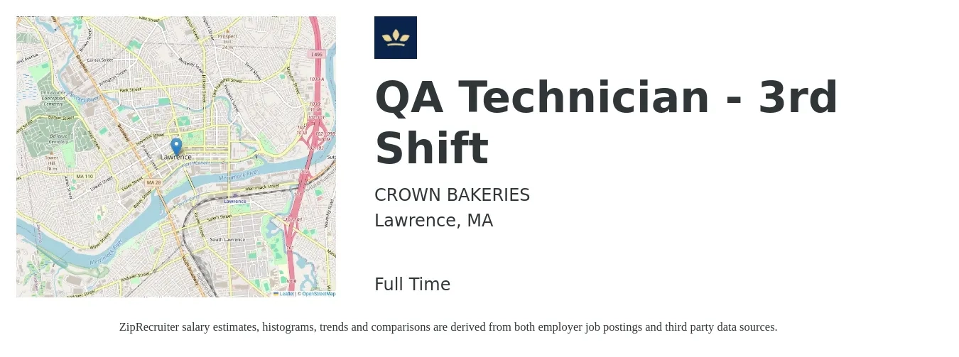 Crown Bakeries job posting for a QA Technician - 3rd Shift in Lawrence, MA with a salary of $19 to $26 Hourly with a map of Lawrence location.