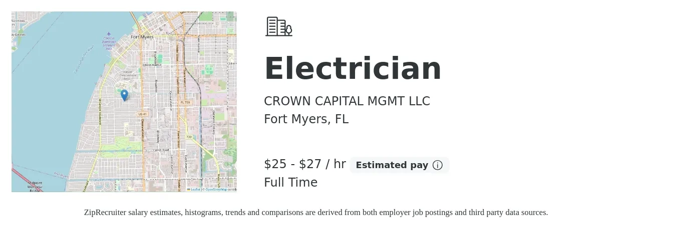 CROWN CAPITAL MGMT LLC job posting for a Electrician in Fort Myers, FL with a salary of $26 to $29 Hourly with a map of Fort Myers location.