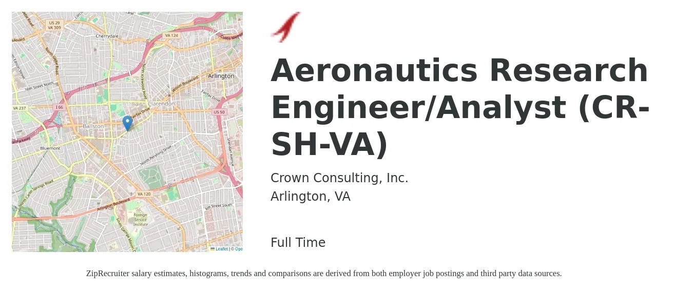 Crown Consulting, Inc. job posting for a Aeronautics Research Engineer/Analyst (CR-SH-VA) in Arlington, VA with a salary of $65,600 to $113,300 Yearly with a map of Arlington location.
