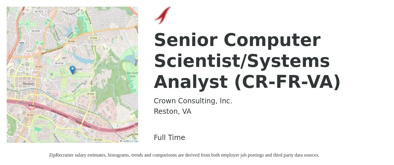 Crown Consulting, Inc. job posting for a Senior Computer Scientist/Systems Analyst (CR-FR-VA) in Reston, VA with a salary of $120,700 to $121,200 Yearly with a map of Reston location.