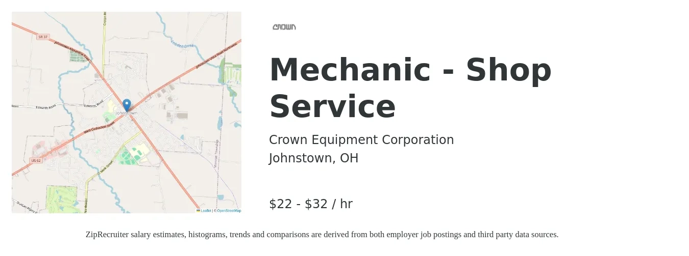 Crown Equipment Corporation job posting for a Mechanic - Shop Service in Johnstown, OH with a salary of $23 to $34 Hourly with a map of Johnstown location.