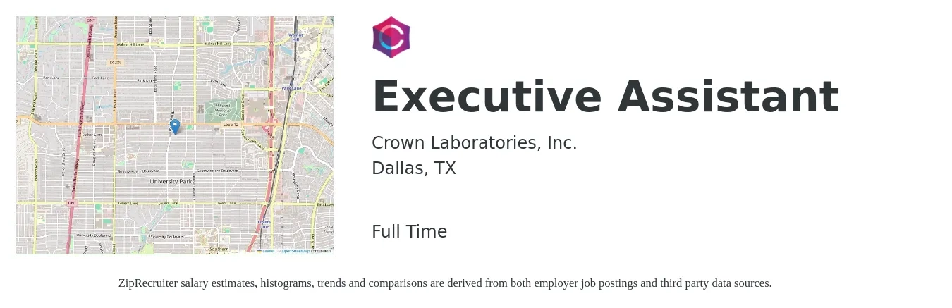 Crown Laboratories, Inc. job posting for a Executive Assistant in Dallas, TX with a salary of $49,500 to $74,200 Yearly with a map of Dallas location.