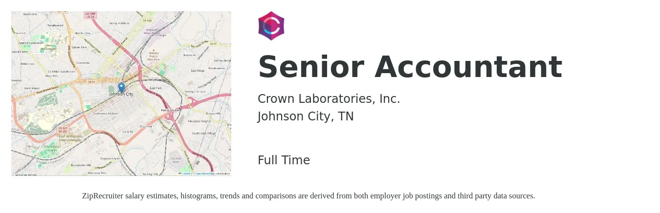 Crown Laboratories, Inc. job posting for a Senior Accountant in Johnson City, TN with a salary of $72,300 to $90,900 Yearly with a map of Johnson City location.