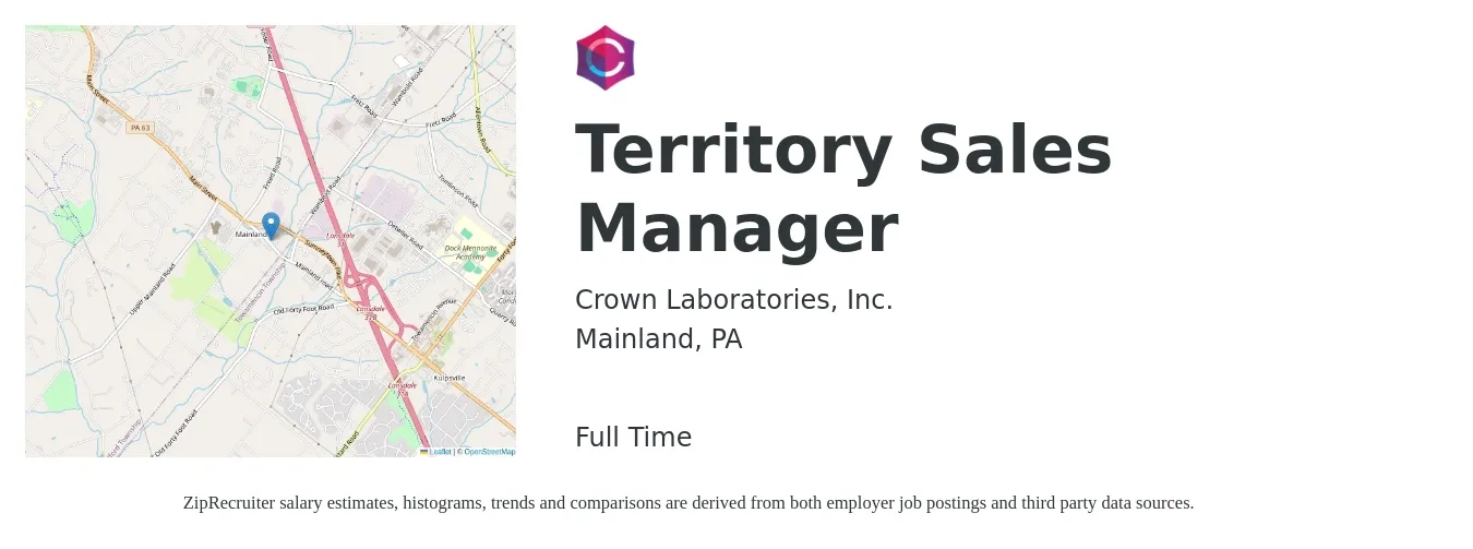 Crown Laboratories, Inc. job posting for a Territory Sales Manager in Mainland, PA with a salary of $62,900 to $96,600 Yearly with a map of Mainland location.