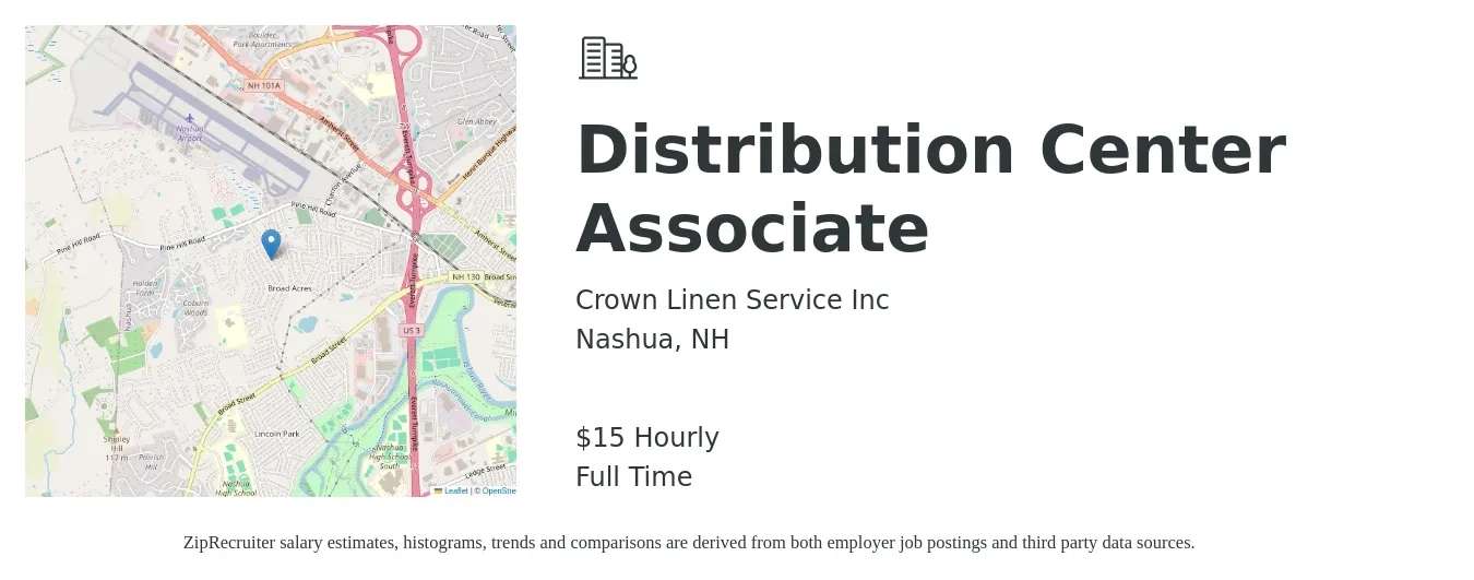 Crown Linen Service Inc job posting for a Distribution Center Associate in Nashua, NH with a salary of $16 to $18 Hourly with a map of Nashua location.