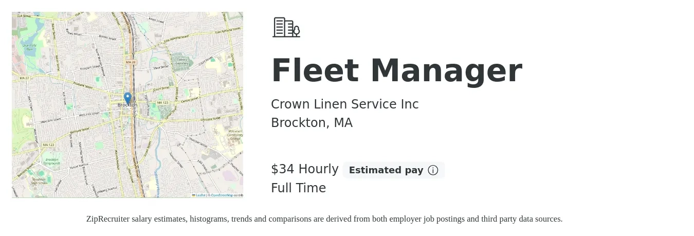 Crown Linen Service Inc job posting for a Fleet Manager in Brockton, MA with a salary of $53,800 to $91,500 Yearly with a map of Brockton location.