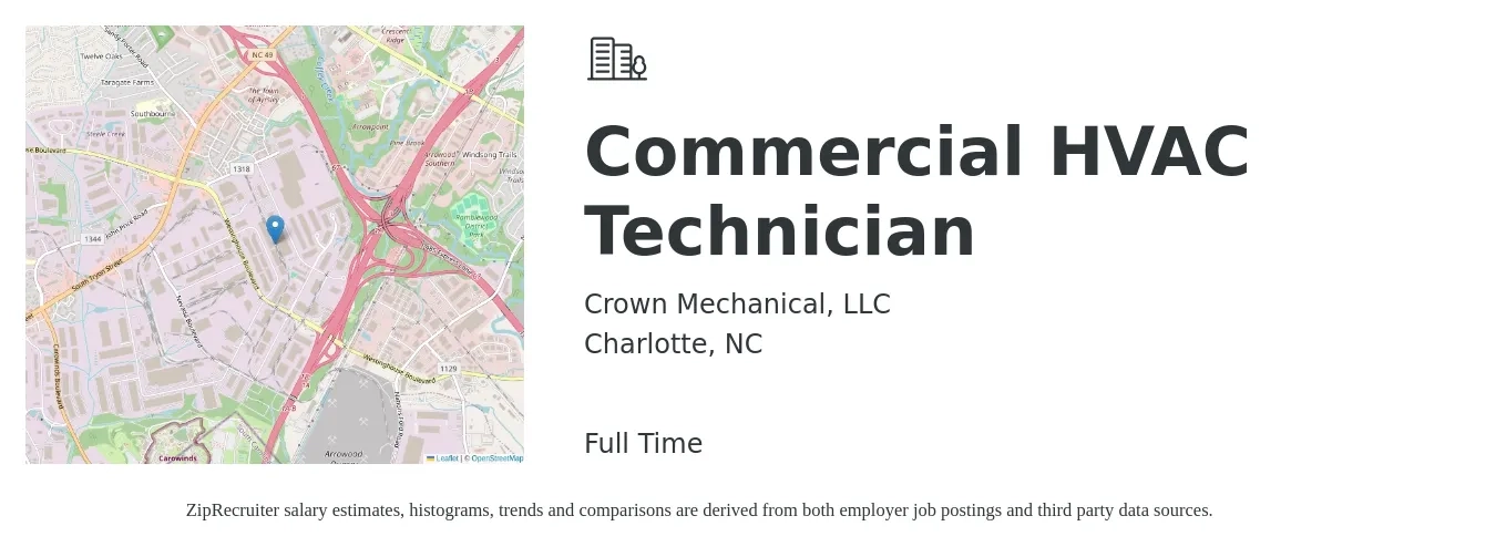 Crown Mechanical, LLC job posting for a Commercial HVAC Technician in Charlotte, NC with a salary of $23 to $40 Hourly with a map of Charlotte location.
