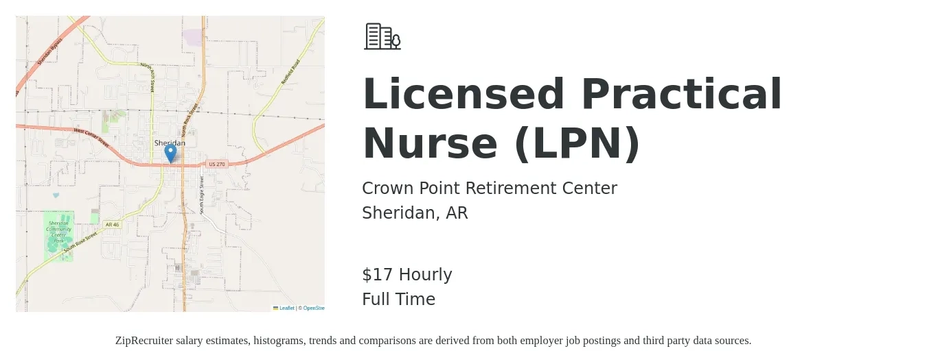 Crown Point Retirement Center job posting for a Licensed Practical Nurse (LPN) in Sheridan, AR with a salary of $18 Hourly with a map of Sheridan location.