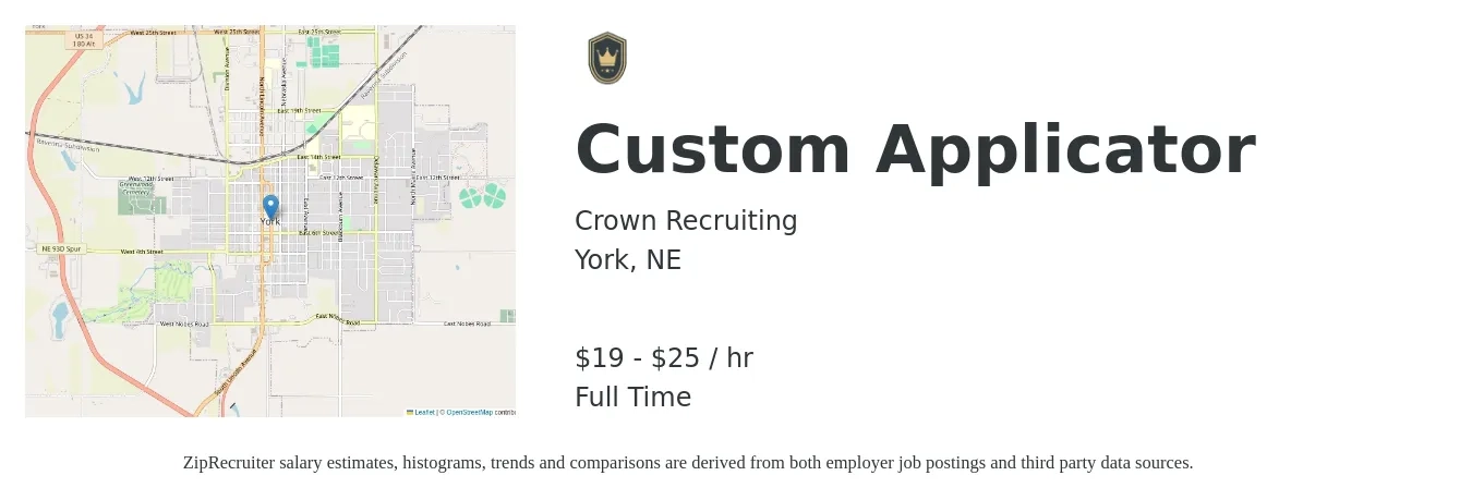 Crown Recruiting job posting for a Custom Applicator in York, NE with a salary of $20 to $26 Hourly with a map of York location.