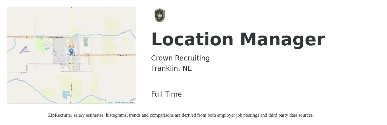 Crown Recruiting job posting for a Location Manager in Franklin, NE with a salary of $17 to $29 Hourly with a map of Franklin location.