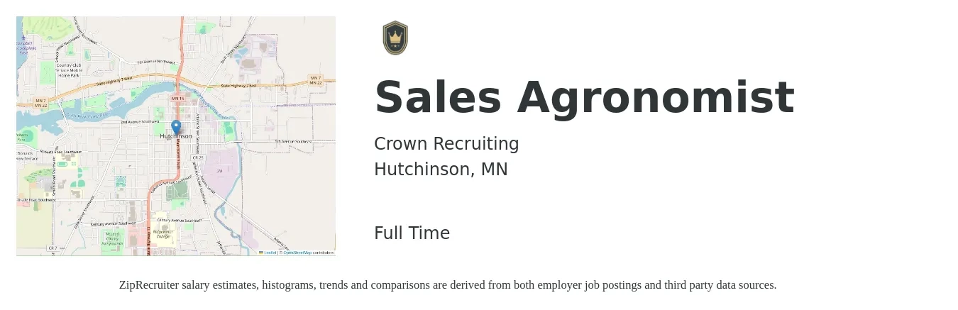 Crown Recruiting job posting for a Sales Agronomist in Hutchinson, MN with a salary of $38,200 to $61,700 Yearly with a map of Hutchinson location.