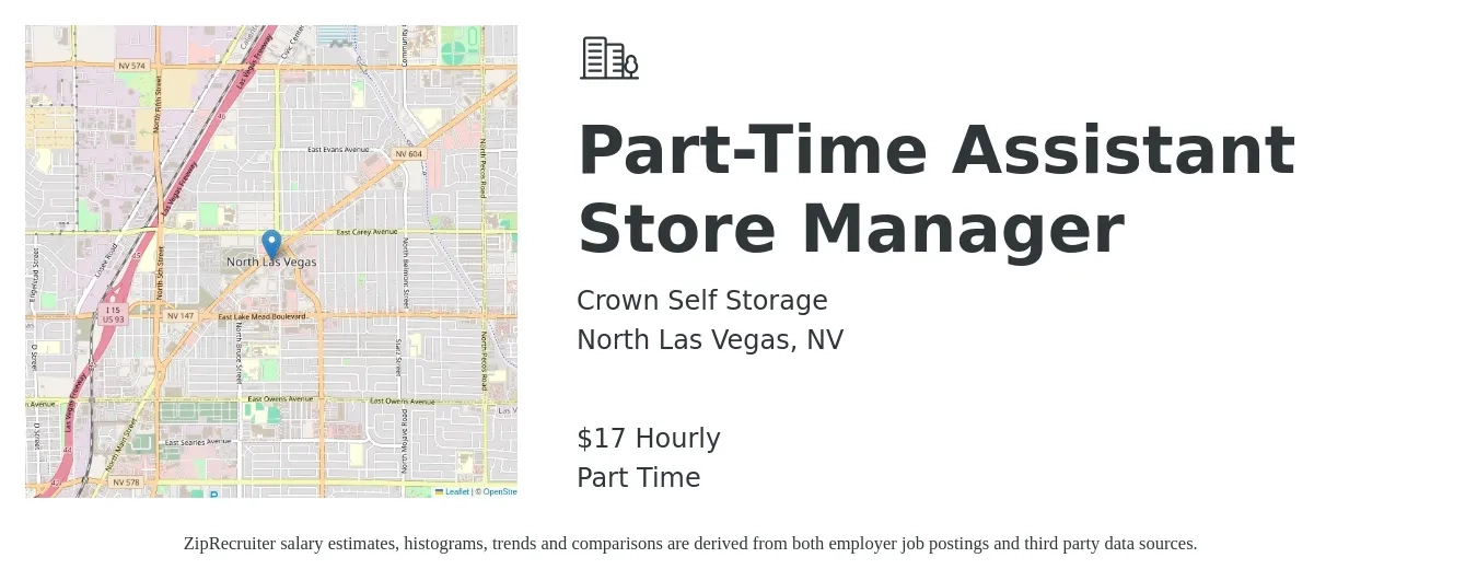Crown Self Storage job posting for a Part-Time Assistant Store Manager in North Las Vegas, NV with a salary of $15 to $22 Hourly with a map of North Las Vegas location.