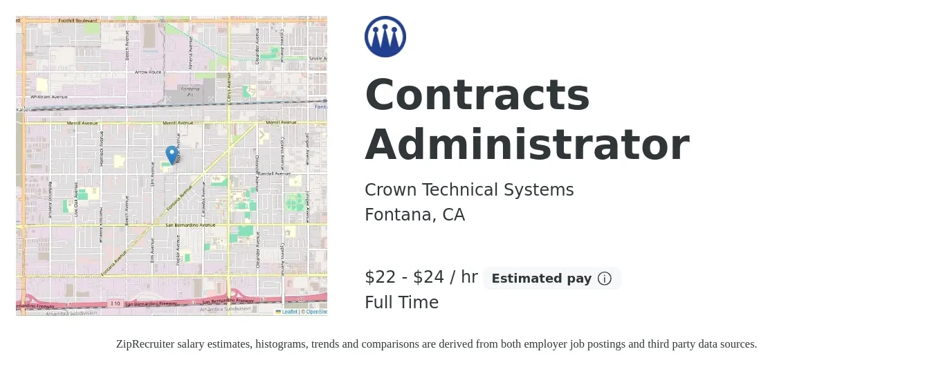 Crown Technical Systems job posting for a Contracts Administrator in Fontana, CA with a salary of $23 to $25 Hourly with a map of Fontana location.