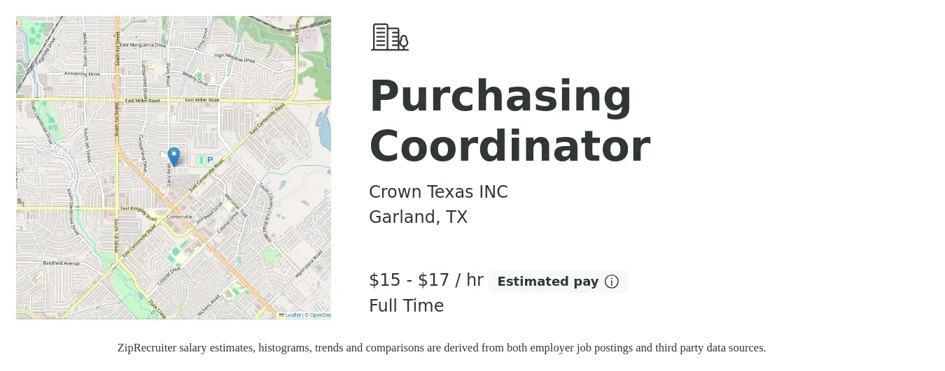 Crown Texas INC job posting for a Purchasing Coordinator in Garland, TX with a salary of $16 to $18 Hourly with a map of Garland location.