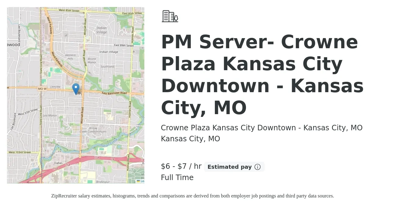 Crowne Plaza Kansas City Downtown - Kansas City, MO job posting for a PM Server- Crowne Plaza Kansas City Downtown - Kansas City, MO in Kansas City, MO with a salary of $7 to $8 Hourly with a map of Kansas City location.