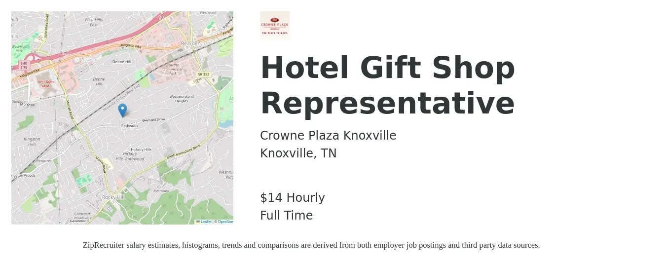 Crowne Plaza Knoxville job posting for a Hotel Gift Shop Representative in Knoxville, TN with a salary of $15 Hourly with a map of Knoxville location.