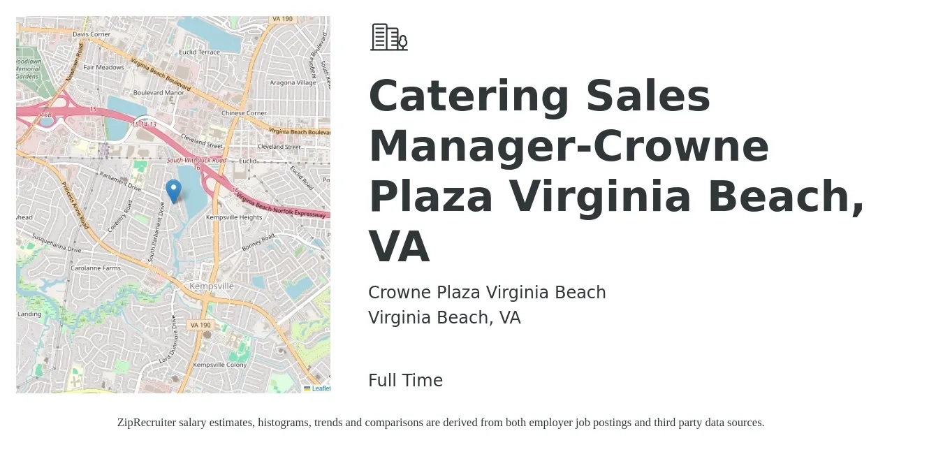 Crowne Plaza Virginia Beach job posting for a Catering Sales Manager-Crowne Plaza Virginia Beach, VA in Virginia Beach, VA with a salary of $45,200 to $58,300 Yearly with a map of Virginia Beach location.