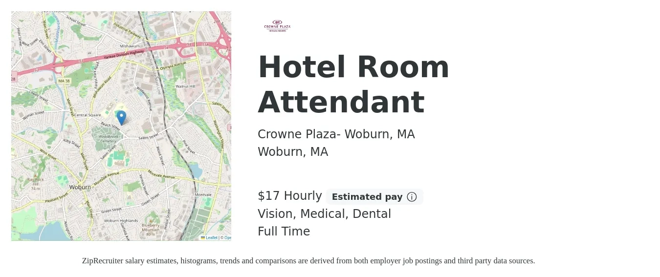Crowne Plaza- Woburn, MA job posting for a Hotel Room Attendant in Woburn, MA with a salary of $18 Hourly and benefits including retirement, vision, dental, life_insurance, medical, and pto with a map of Woburn location.