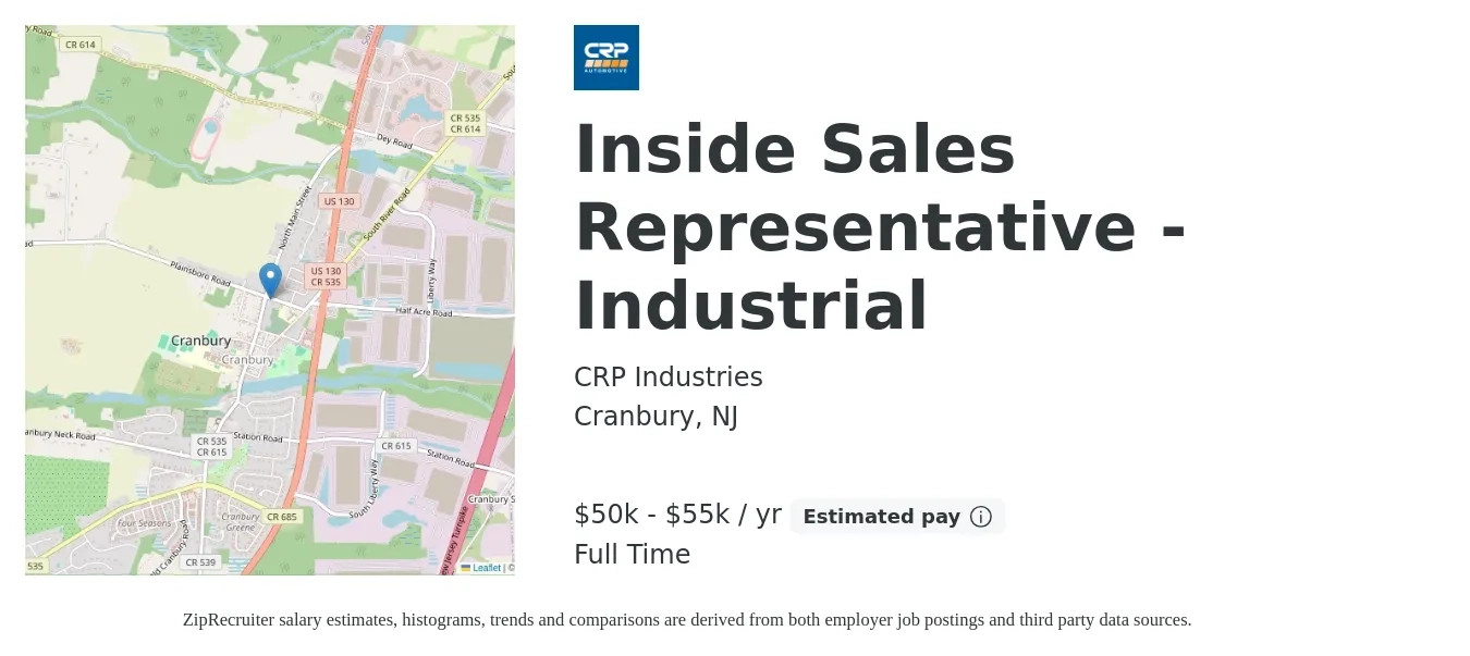 CRP Industries job posting for a Inside Sales Representative - Industrial in Cranbury, NJ with a salary of $40,400 to $60,300 Yearly with a map of Cranbury location.