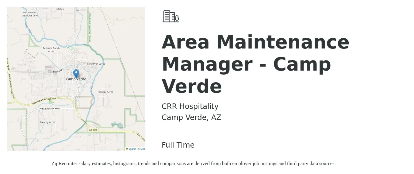 CRR Hospitality job posting for a Area Maintenance Manager - Camp Verde in Camp Verde, AZ with a salary of $44,300 to $88,000 Yearly with a map of Camp Verde location.
