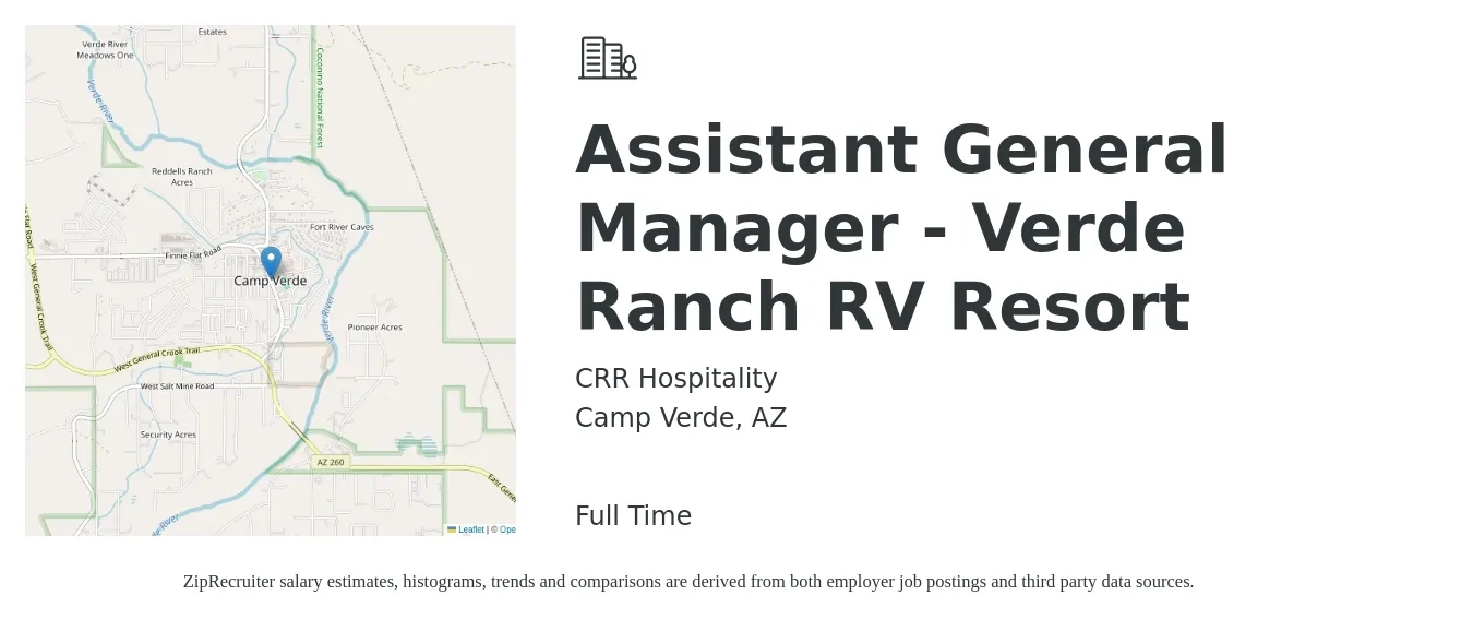CRR Hospitality job posting for a Assistant General Manager - Verde Ranch RV Resort in Camp Verde, AZ with a salary of $16 to $24 Hourly with a map of Camp Verde location.