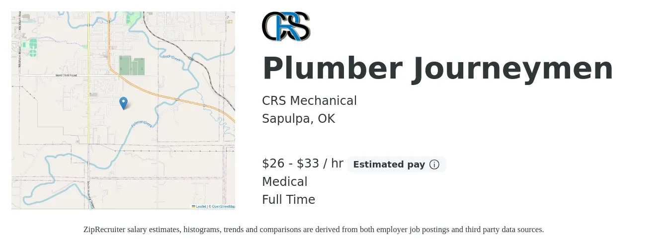 CRS Mechanical job posting for a Plumber Journeymen in Sapulpa, OK with a salary of $28 to $35 Hourly and benefits including medical, pto, and retirement with a map of Sapulpa location.