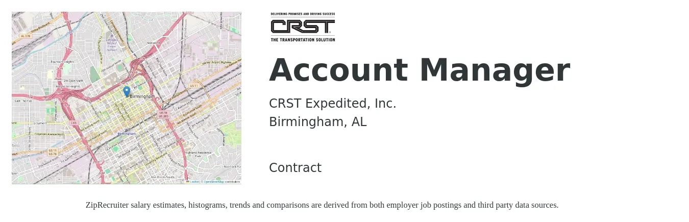 CRST Expedited, Inc. job posting for a Account Manager in Birmingham, AL with a salary of $45,000 to $73,600 Yearly with a map of Birmingham location.