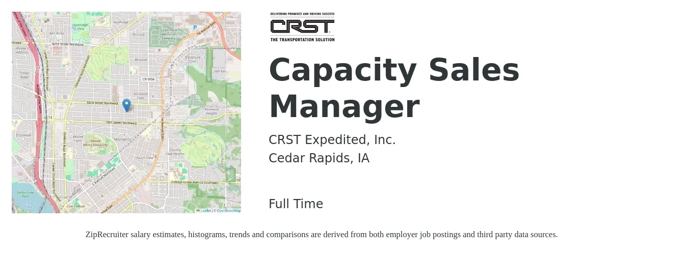 CRST Expedited, Inc. job posting for a Capacity Sales Manager in Cedar Rapids, IA with a salary of $46,500 to $85,200 Yearly with a map of Cedar Rapids location.