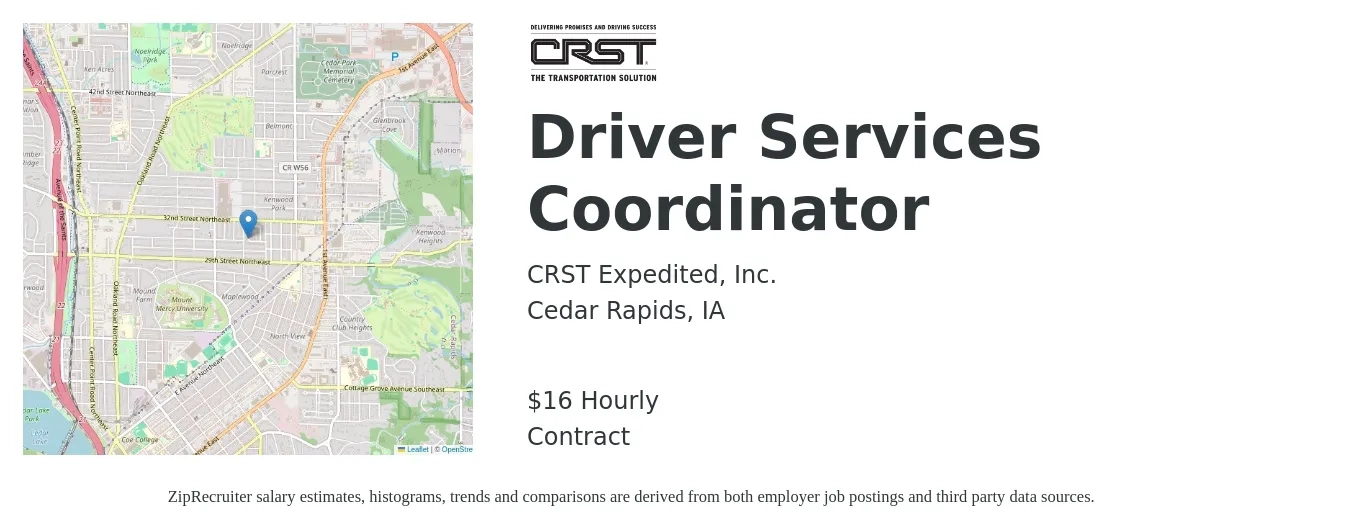CRST Expedited, Inc. job posting for a Driver Services Coordinator in Cedar Rapids, IA with a salary of $18 Hourly with a map of Cedar Rapids location.