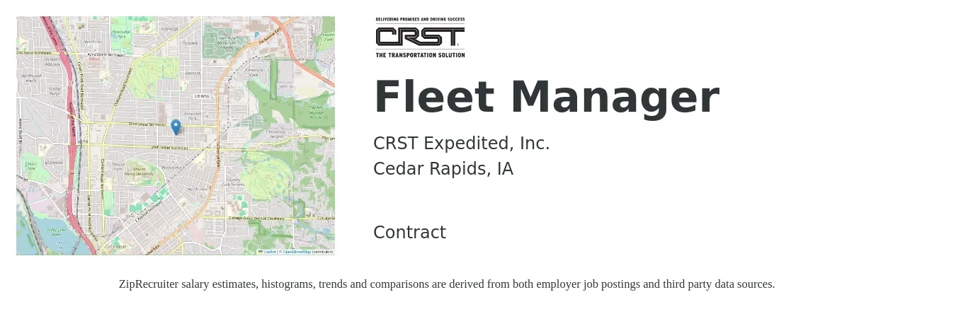 CRST Expedited, Inc. job posting for a Fleet Manager in Cedar Rapids, IA with a salary of $52,400 to $89,100 Yearly with a map of Cedar Rapids location.