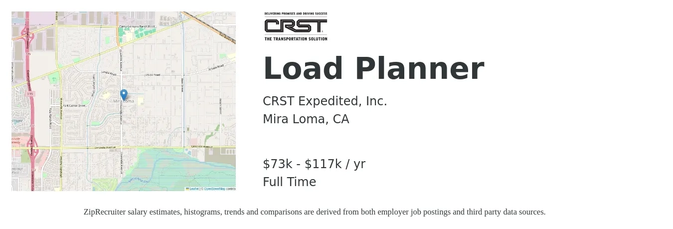 CRST Expedited, Inc. job posting for a Load Planner in Mira Loma, CA with a salary of $73,221 to $117,230 Yearly with a map of Mira Loma location.