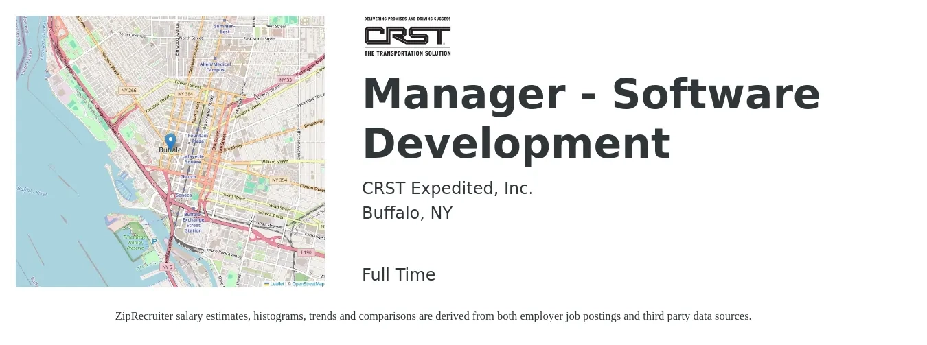 CRST Expedited, Inc. job posting for a Manager - Software Development in Buffalo, NY with a salary of $119,600 to $157,900 Yearly with a map of Buffalo location.