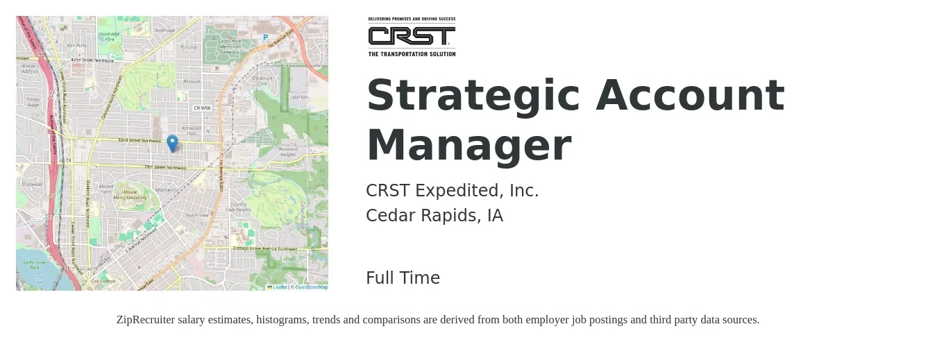 CRST Expedited, Inc. job posting for a Strategic Account Manager in Cedar Rapids, IA with a salary of $65,600 to $105,200 Yearly with a map of Cedar Rapids location.