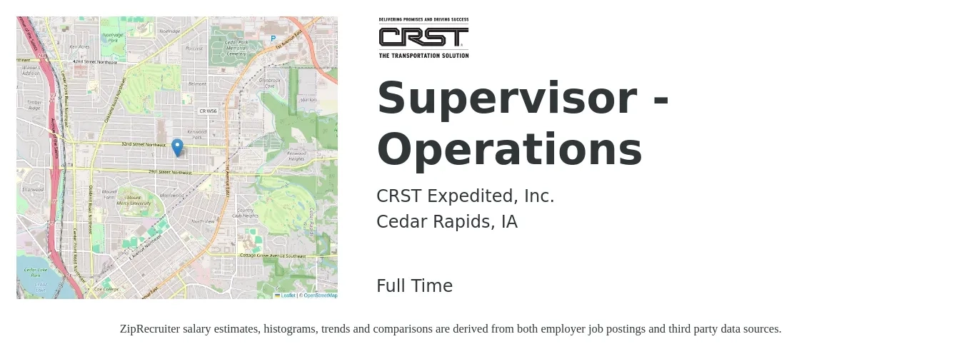 CRST Expedited, Inc. job posting for a Supervisor - Operations in Cedar Rapids, IA with a salary of $40,100 to $75,900 Yearly with a map of Cedar Rapids location.