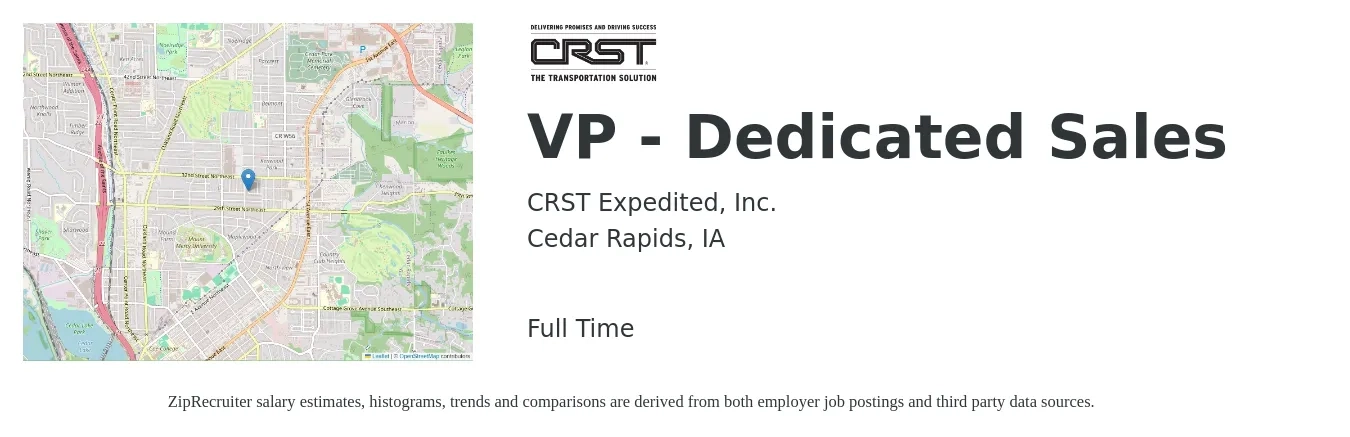 CRST Expedited, Inc. job posting for a VP - Dedicated Sales in Cedar Rapids, IA with a salary of $122,400 to $190,900 Yearly with a map of Cedar Rapids location.