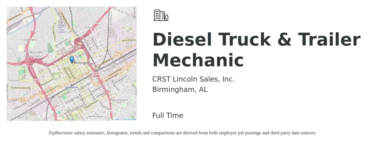 CRST Lincoln Sales, Inc. job posting for a Diesel Truck & Trailer Mechanic in Birmingham, AL with a salary of $19 to $29 Hourly with a map of Birmingham location.