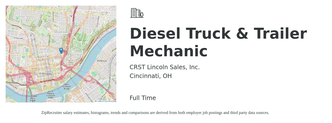 CRST Lincoln Sales, Inc. job posting for a Diesel Truck & Trailer Mechanic in Cincinnati, OH with a salary of $21 to $28 Hourly with a map of Cincinnati location.